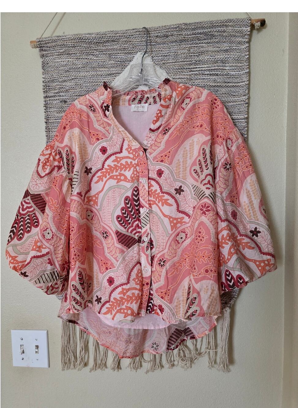 Fate Small Pink Coral Paisley Button Front Boho Blouse Lightweight Top